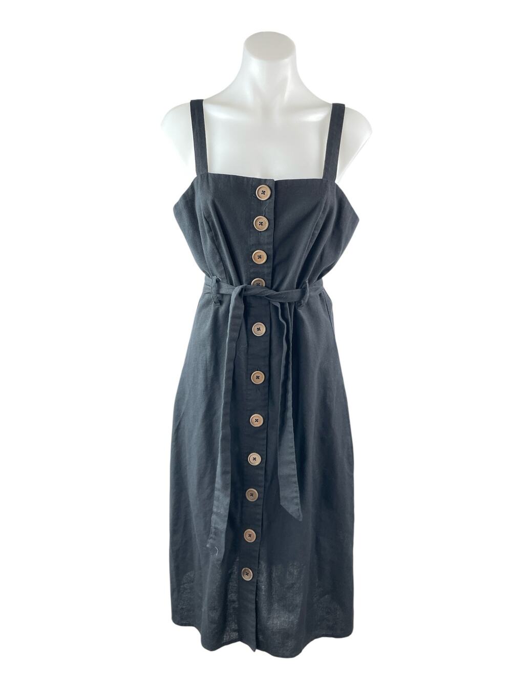 Hyfve Womens Black Linen Sleeveless Button Down Tie Waist A Line Midi Dress Sz M